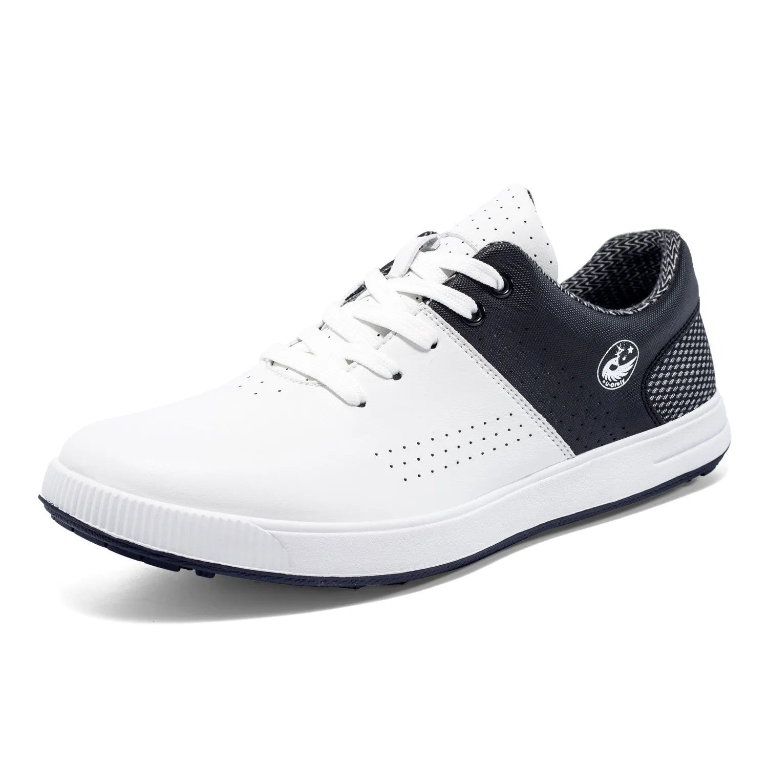 Waterproof non-slip breathable outdoor sneakers with genuine leather upper and natural rubber outsole, white and black-and-white colours, low-top