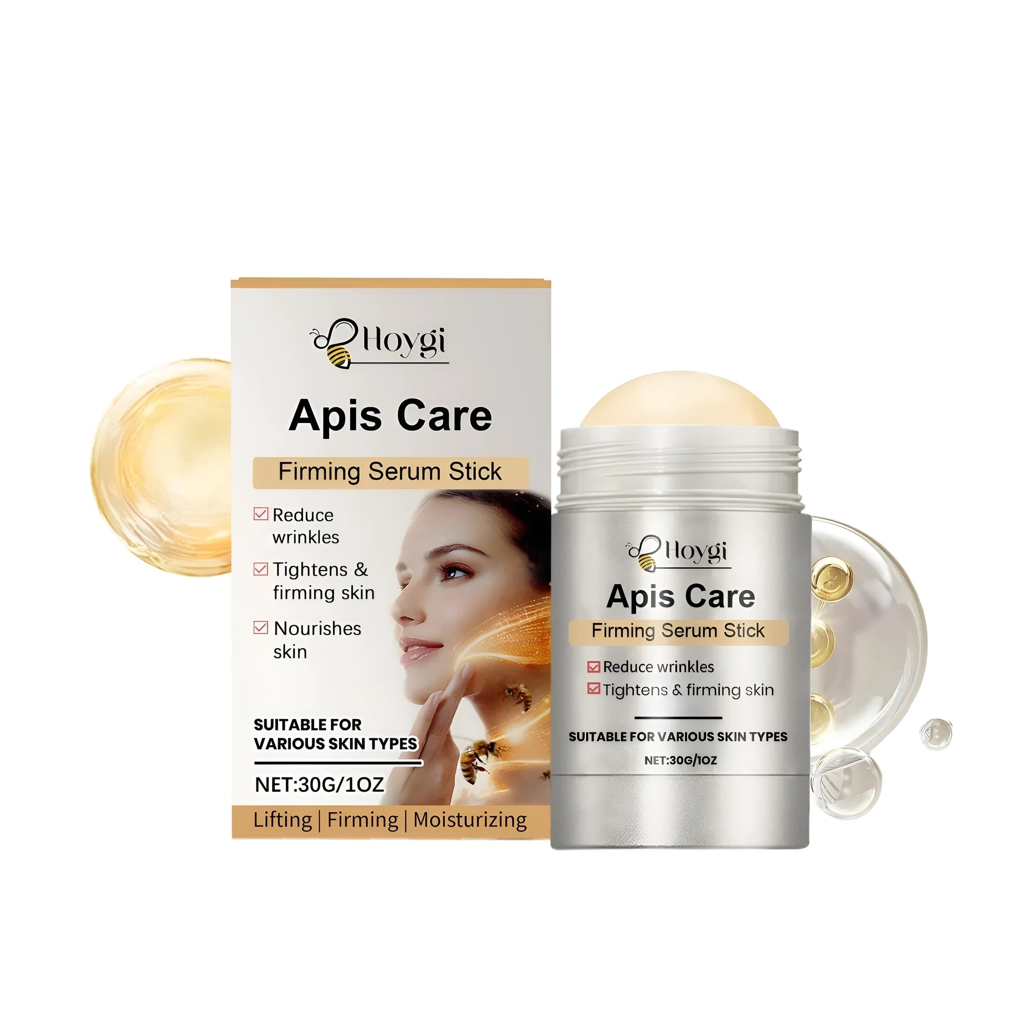 A 30 gram white solid skincare essence stick for tightening treatment.