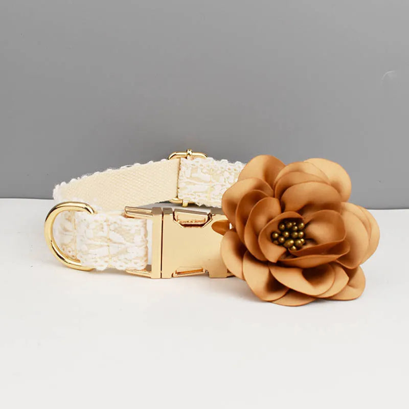 Pet wedding accessories set showing lace vest, floral collar, and adjustable leash for dogs