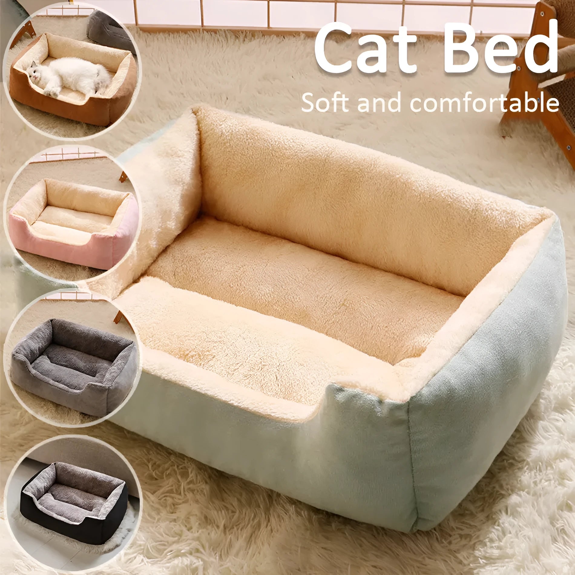 Soft short plush cat bed in grey, shown in a medium size for scale with a cat.