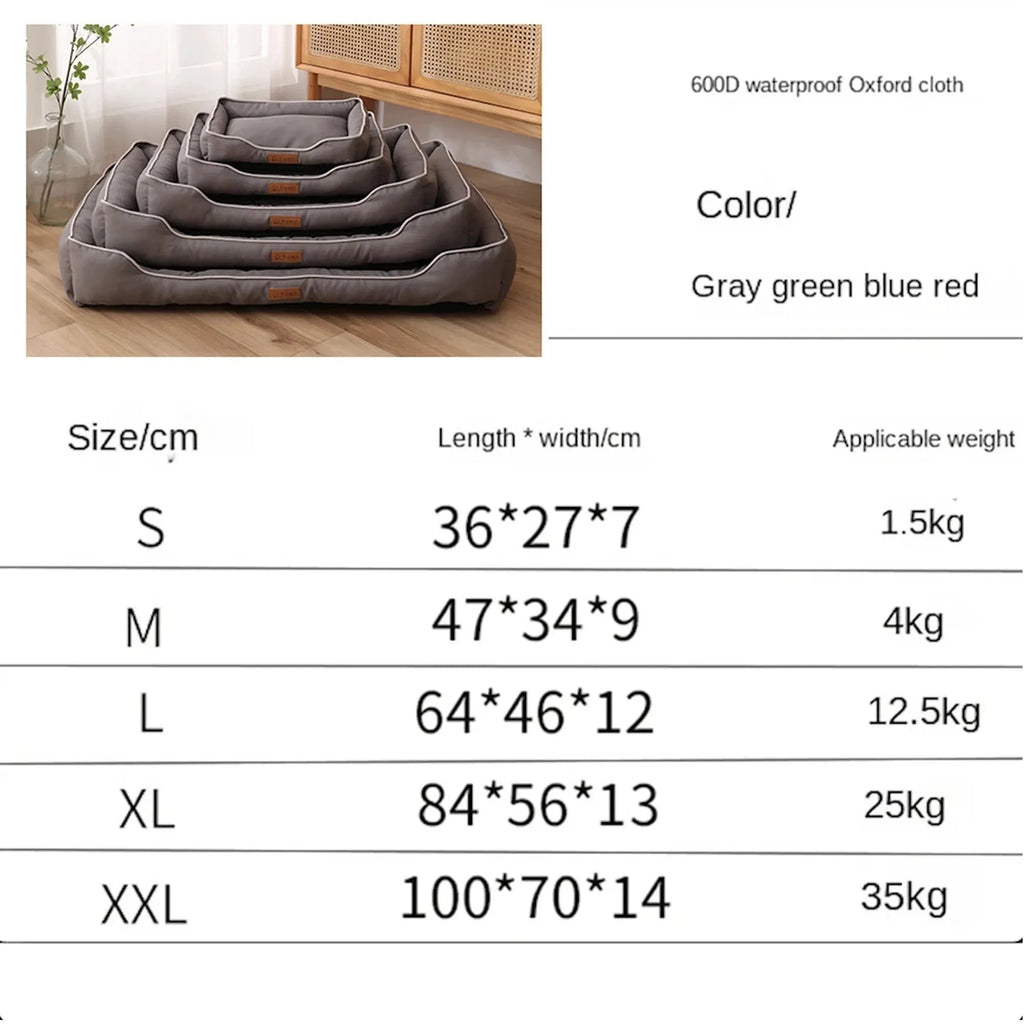 Grey waterproof dog sofa bed with padded sides on a wooden floor
