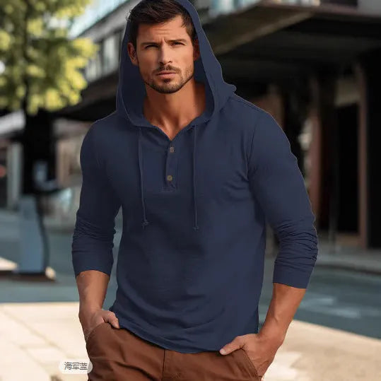 Men's cotton pullover hoodie in dark blue colour with long sleeves and relaxed fit