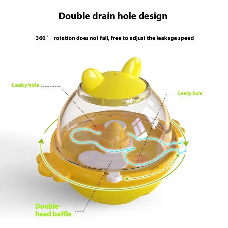 Yellow TPR pet food feeder tumbler toy for dogs measuring 11.2 x 13.9 x 12.2 cm