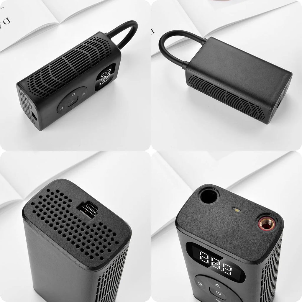 Black aluminium portable air compressor power bank for car and motorcycle tyre inflation.