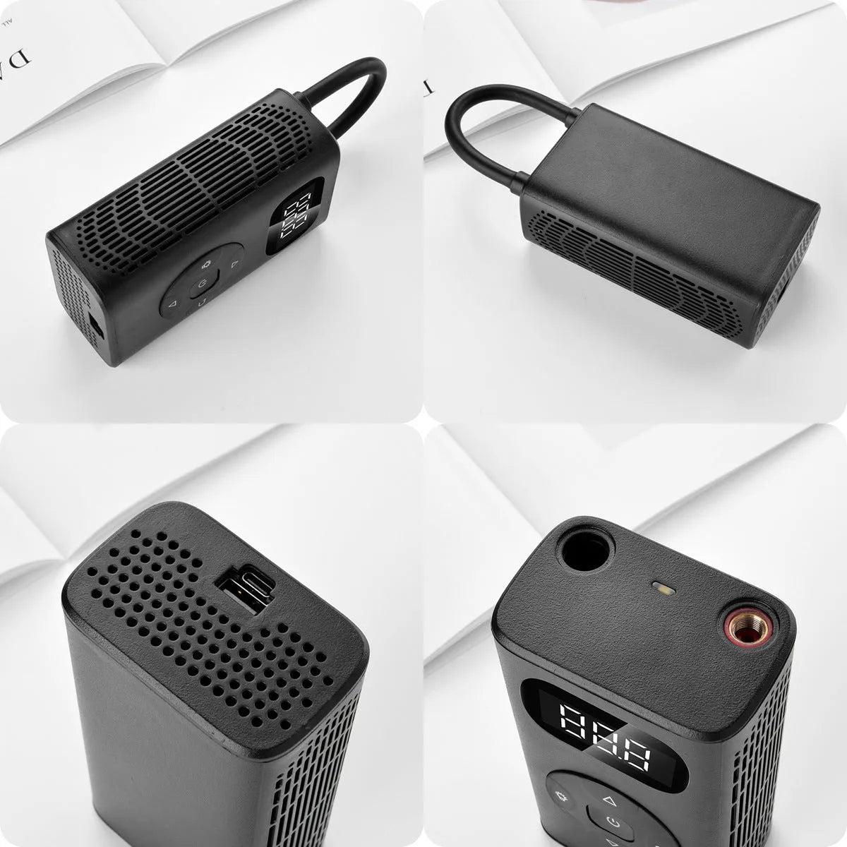Black aluminium portable air compressor power bank for car and motorcycle tyre inflation.