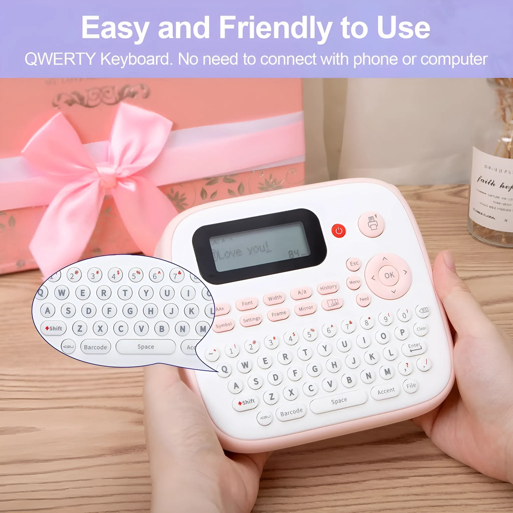 Mini portable label printer in pink with Bluetooth connectivity and thermal printing