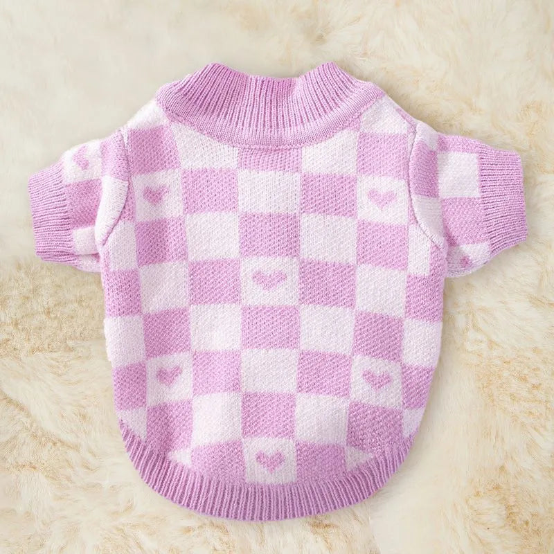 Blue polyester pet clothing for a small dog on a mannequin, showing a checkerboard pattern variant.