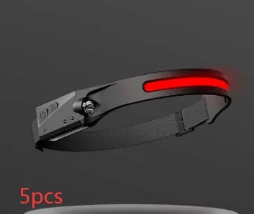 Black silicone USB rechargeable headlamp with side wave sensor and dual LED lights for wide and long-distance illumination.