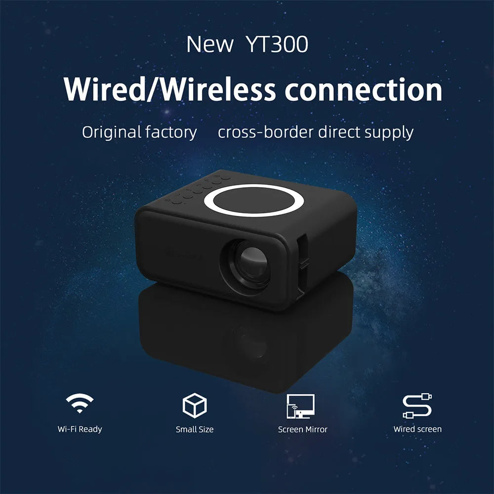 YT300 portable mini projector in black or white with remote control and compact design