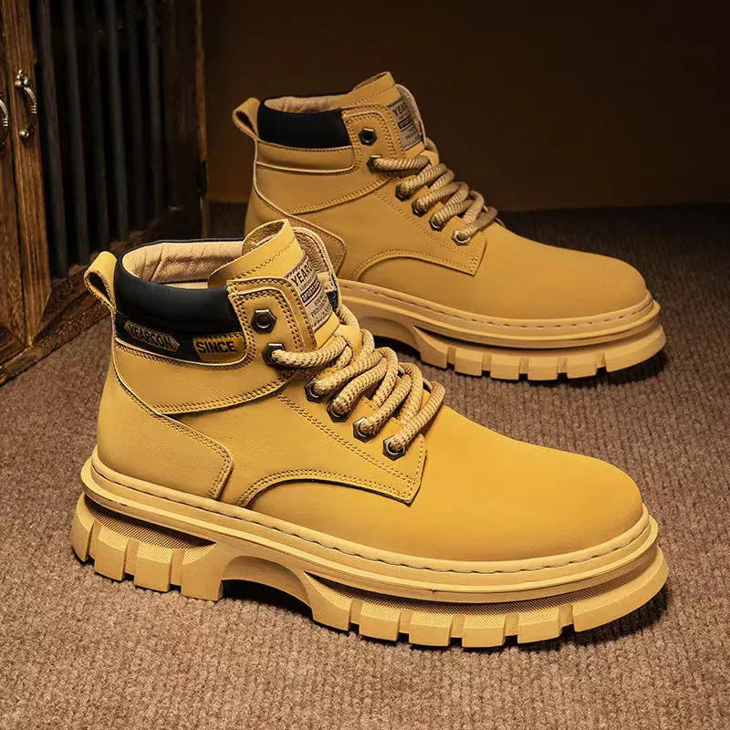 Men's brown mid-calf Martin boots with front laces and round toe on a rubber sole.