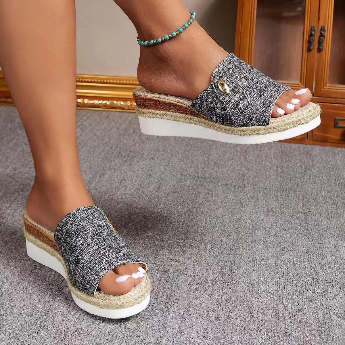 Beige canvas wedge sandals with fish mouth toe and thick hemp sole