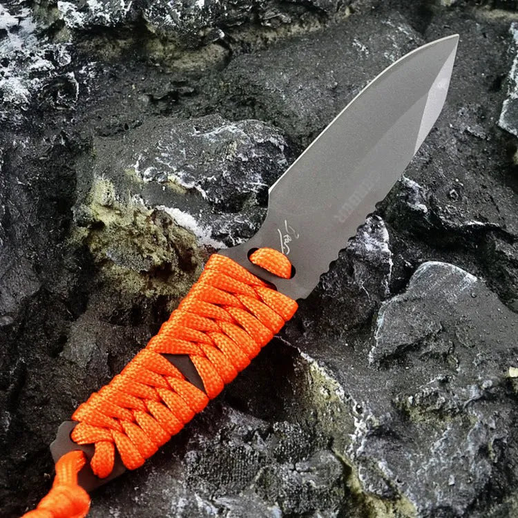 Camping survival knife with rope-wrapped handle and ABS sheath showing blade and full length