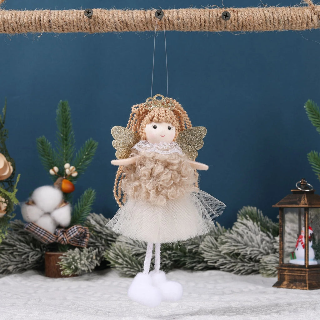 Cartoon angel Christmas fabric hair pendant clip on a ponytail, shown in white, pink, and khaki colours.