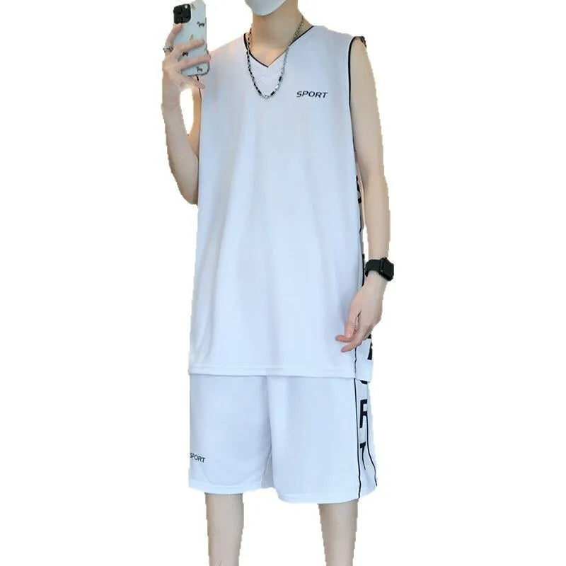Men's basketball sports suit set showing sleeveless vest and matching shorts in polyester fabric