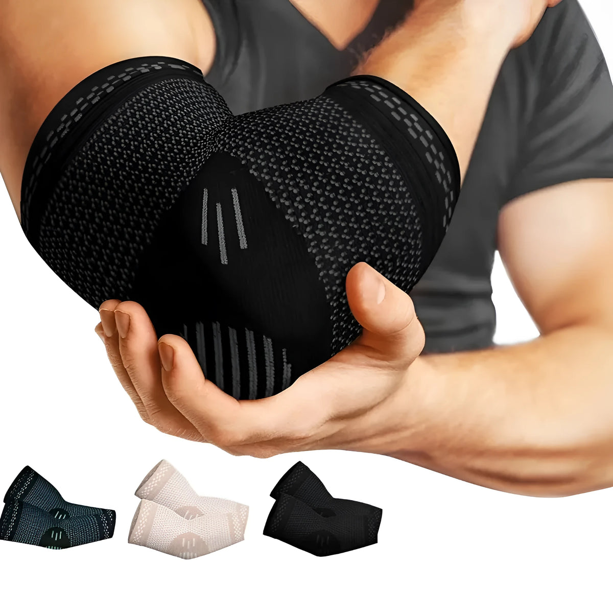 Sports elbow guard with nylon jacquard fabric, black, for tennis and fitness use, one pack