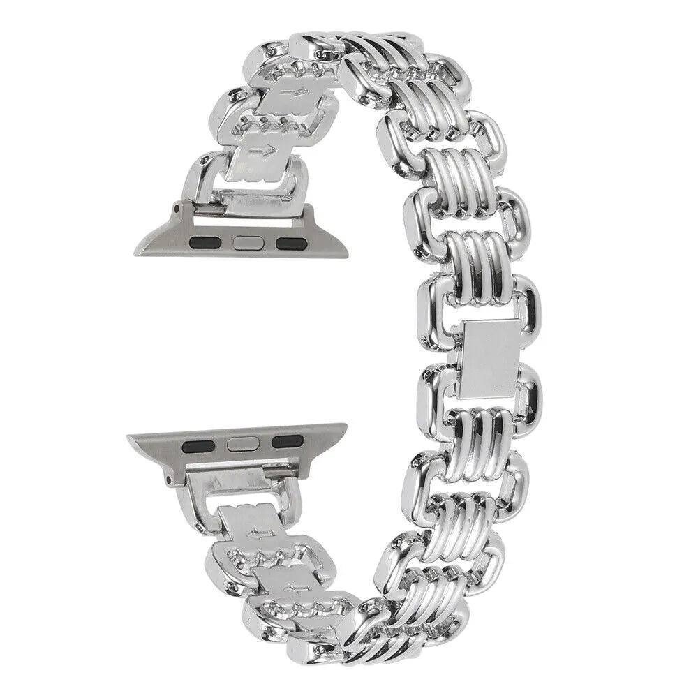 Alloy metal ladies watch bracelet for Apple Watch in various colours on a watch case