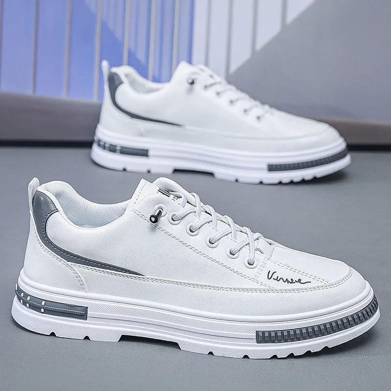 Men's white low-top platform sneakers with round toe and elastic band design on a plain background.