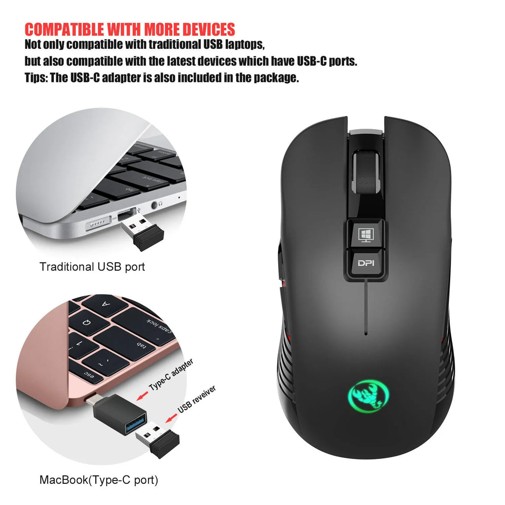 Black ergonomic wireless gaming mouse with RGB lighting and seven buttons on desk