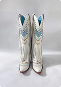 Retro embroidered slip-on tassel boots for women with chunky heel in white
