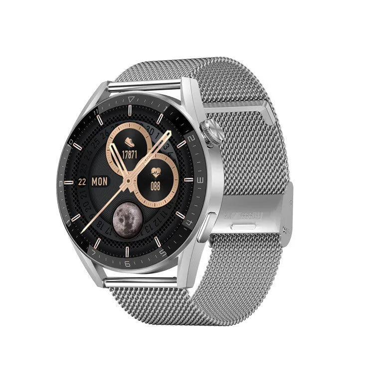 Black smartwatch with 46mm case and silicone strap on a wrist, showing heart rate tracking on screen