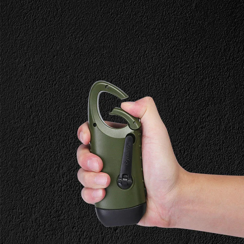 Outdoor hand-cranked solar USB charging emergency LED flashlight in olive green with 12x45x32mm dimensions