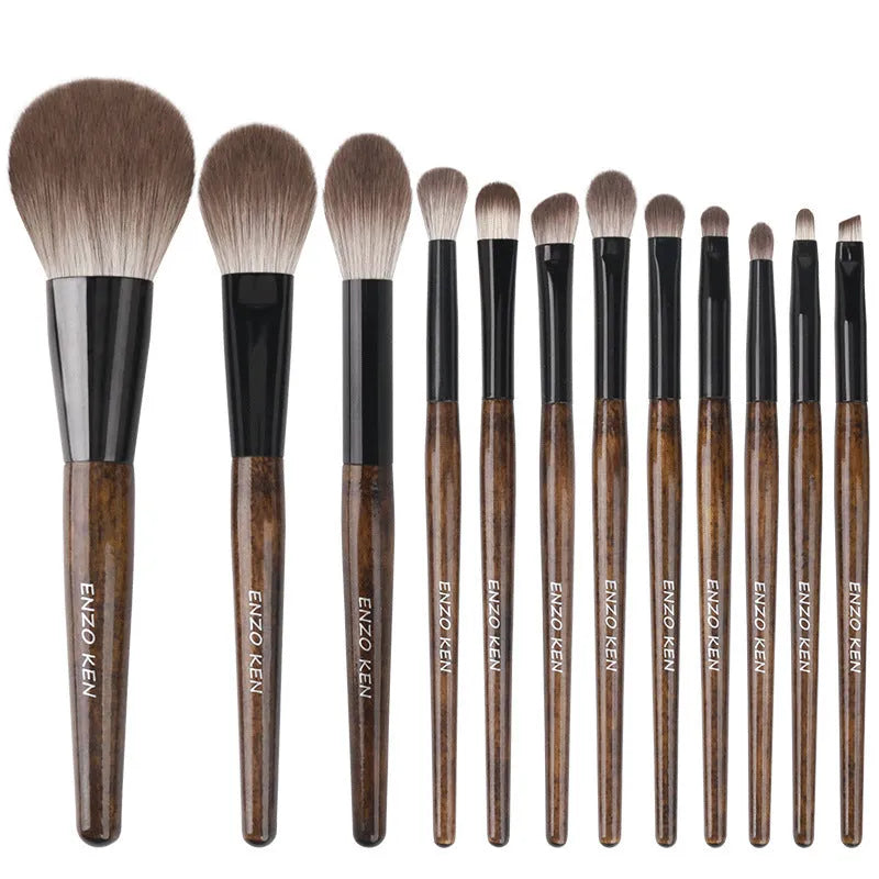 12-piece makeup brush set with wooden handles in portable PU case