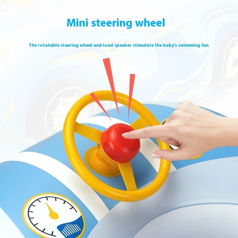 Pink children's inflatable swimming ring with mini steering wheel and sports car boats pattern