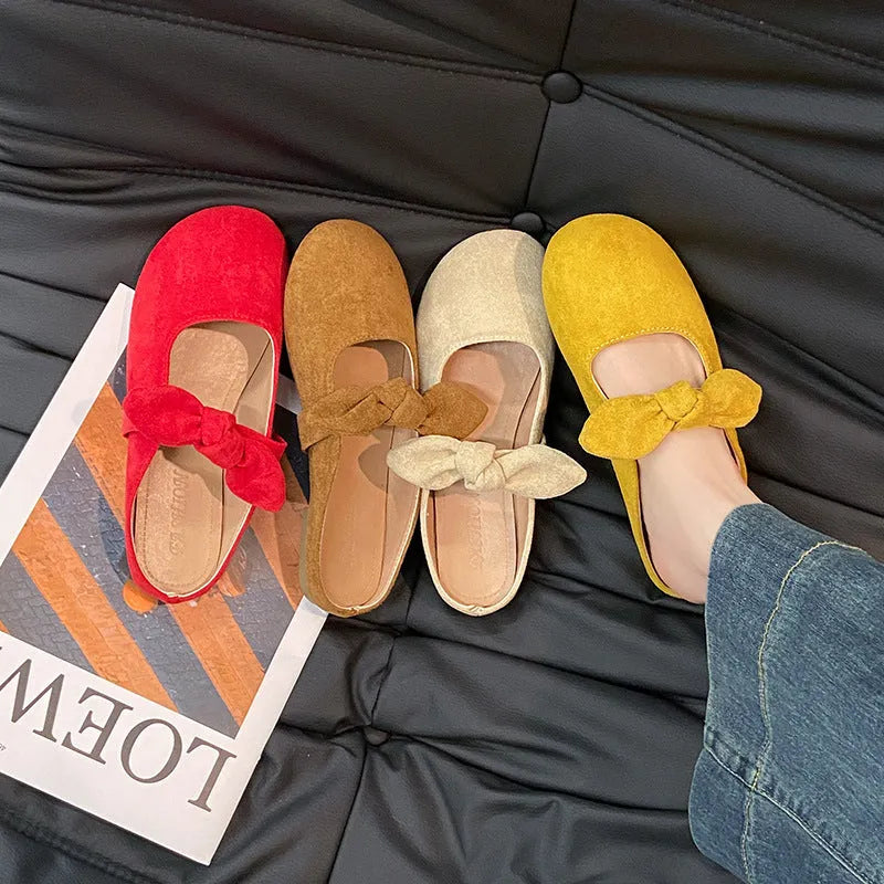 Plus size women's bow toe half slippers in apricot colour with artificial PU upper