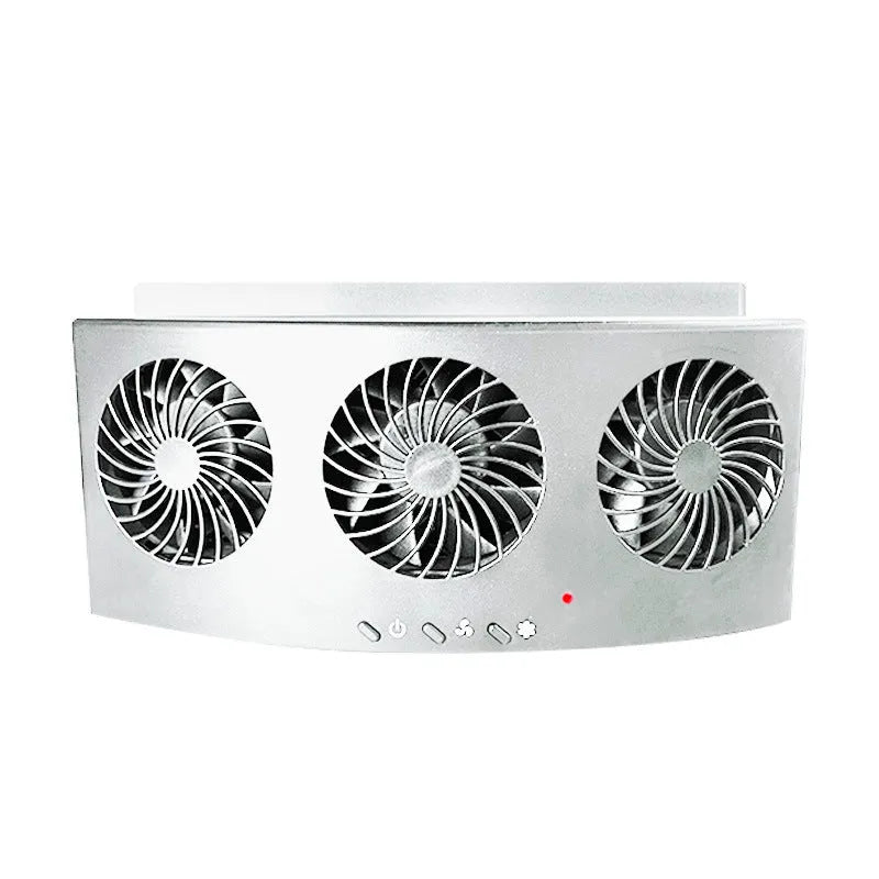 Black and white USB car ventilation fan for exhaust odour reduction measuring 23cm