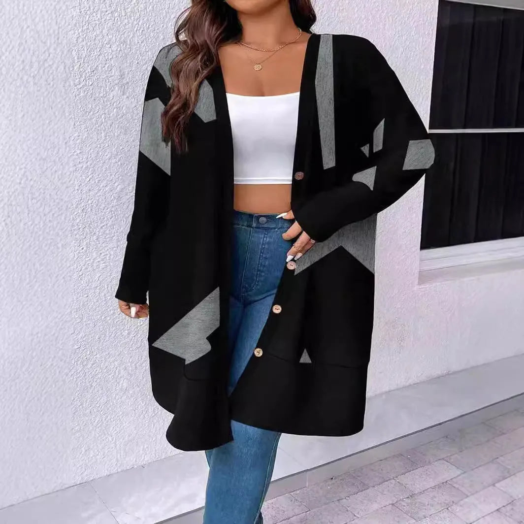 Black plus size women's casual cardigan coat with button detailing and printed stitching