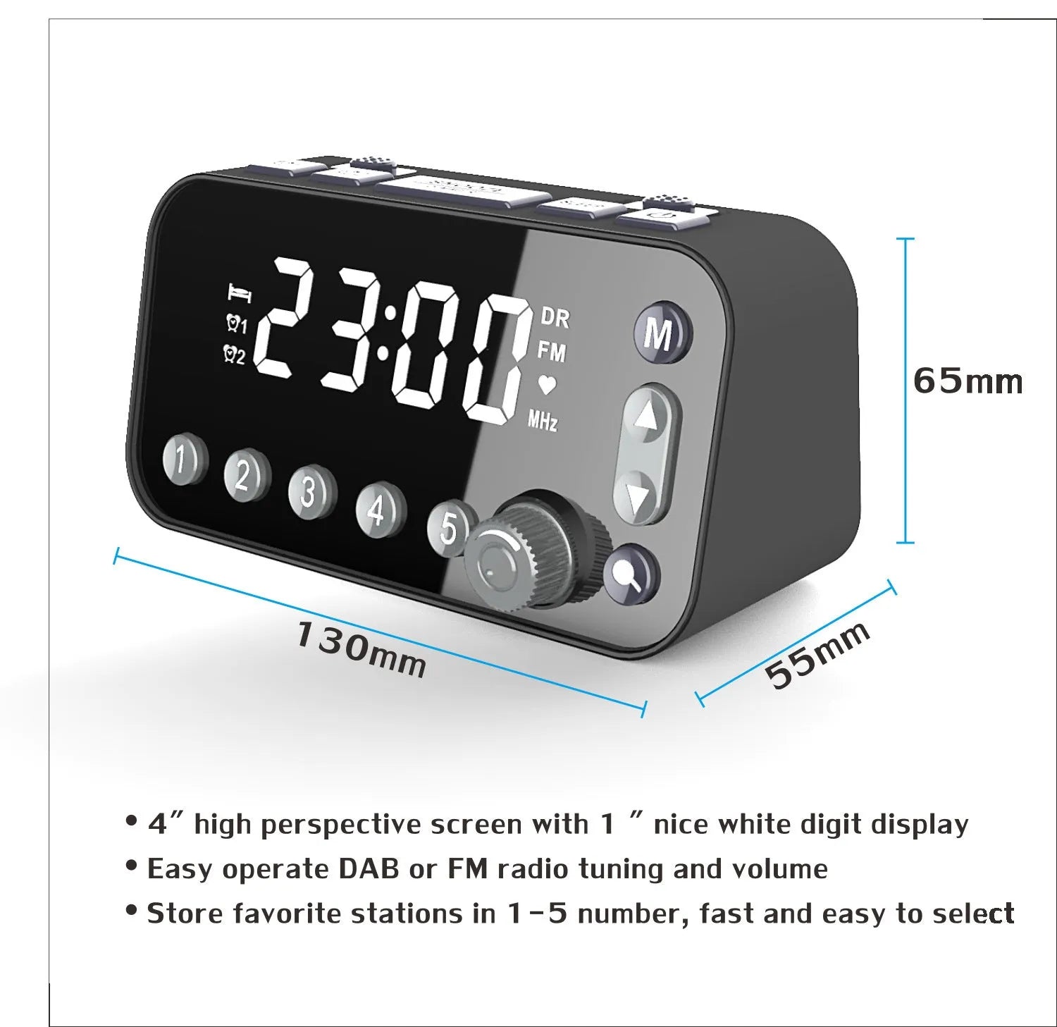 Black DAB bedside alarm clock with large LED display, pigtail antenna, and USB ports on the side.
