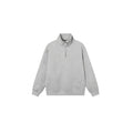 Grey half zipped stand collar cotton sweater for men and women with long sleeves and grinding texture
