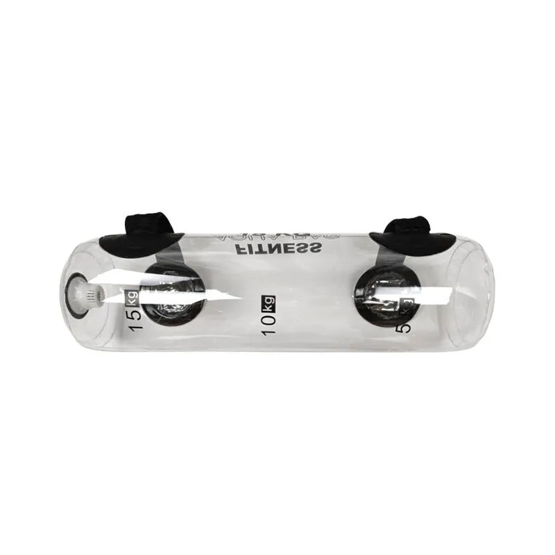 Transparent PVC water injection weight lifting bag showing adjustable water fill for strength training