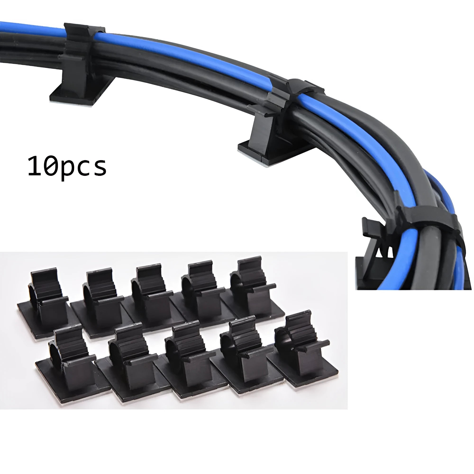 Black nylon adhesive cable clamps on a white background, showing self-adhesive backing and two-stage lock design.