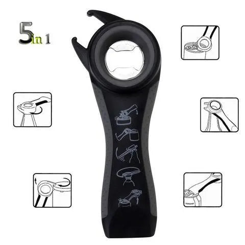 5 in 1 stainless steel can opener and beer bottle opener with PP handle in black colour