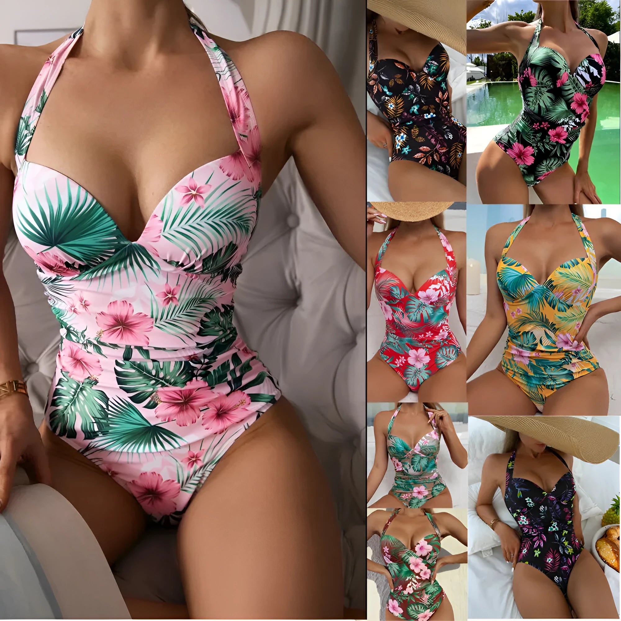 Woman wearing a printed halter-neck one-piece swimsuit with a backless design.