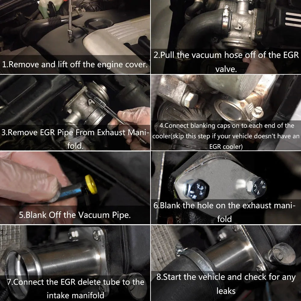 BMW E46 diesel EGR removal kit showing black metal pipe, blanking plates, bolts, and vacuum plug
