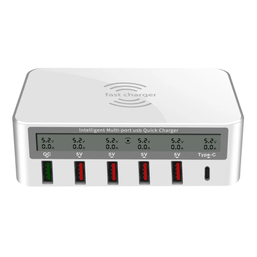 White USB charging station with six ports including USB-C, 1.5 metre cable, and plug adapter options