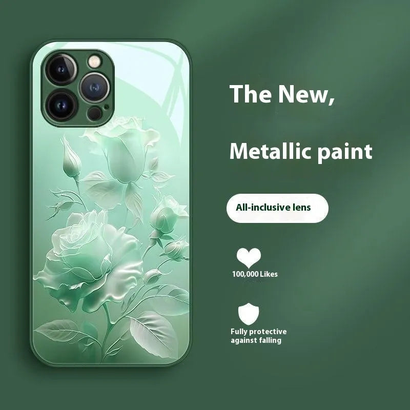 Red tempered glass painted phone case with blooming rose design on a white background