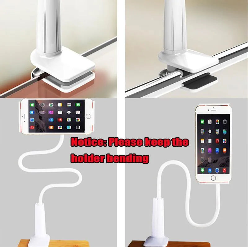 Bedside long-arm mobile phone holder in aluminium alloy and plastic on a table.