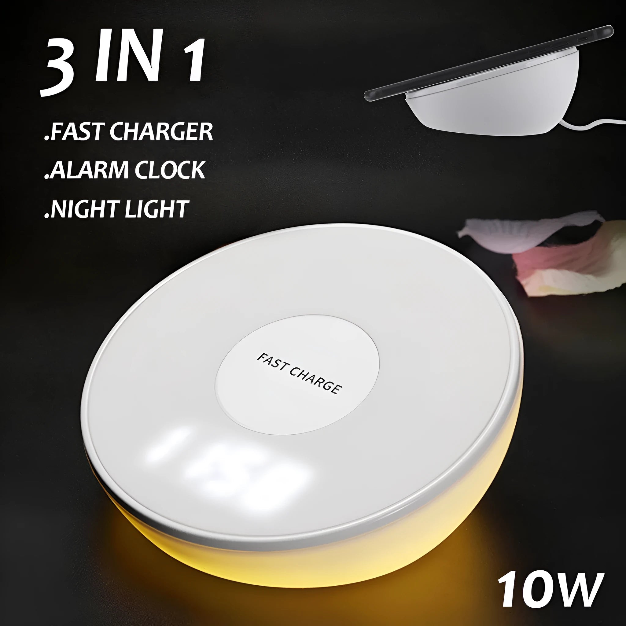 White wireless charging pad with digital clock display and control buttons for smartphone charging