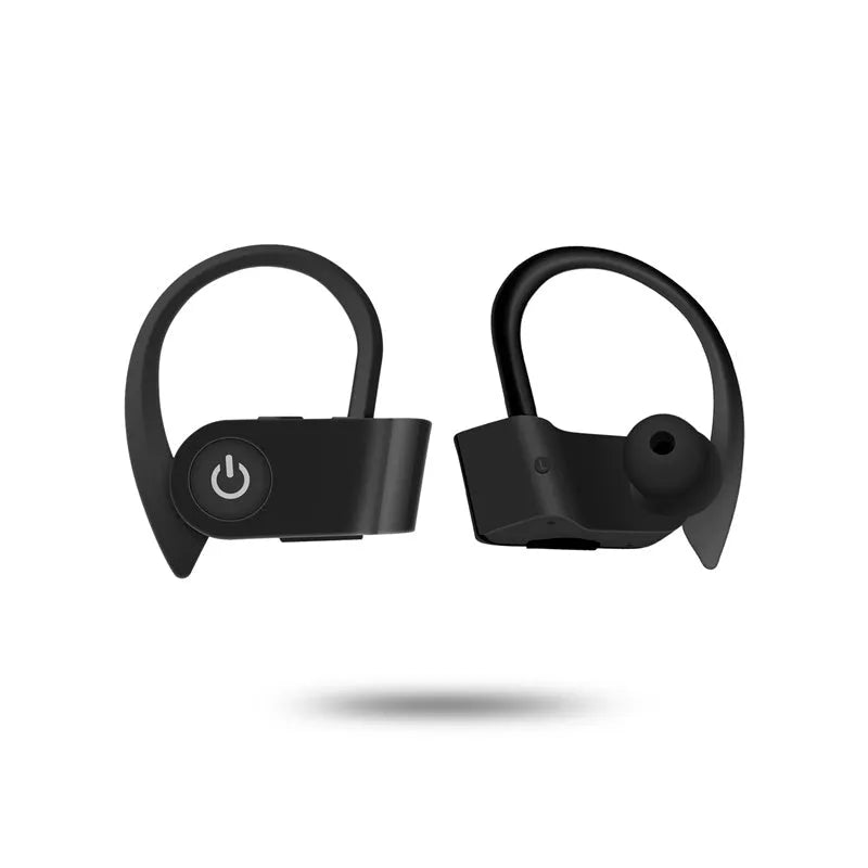 Black wireless Bluetooth earphones with ergonomic design and LED charging indicator.