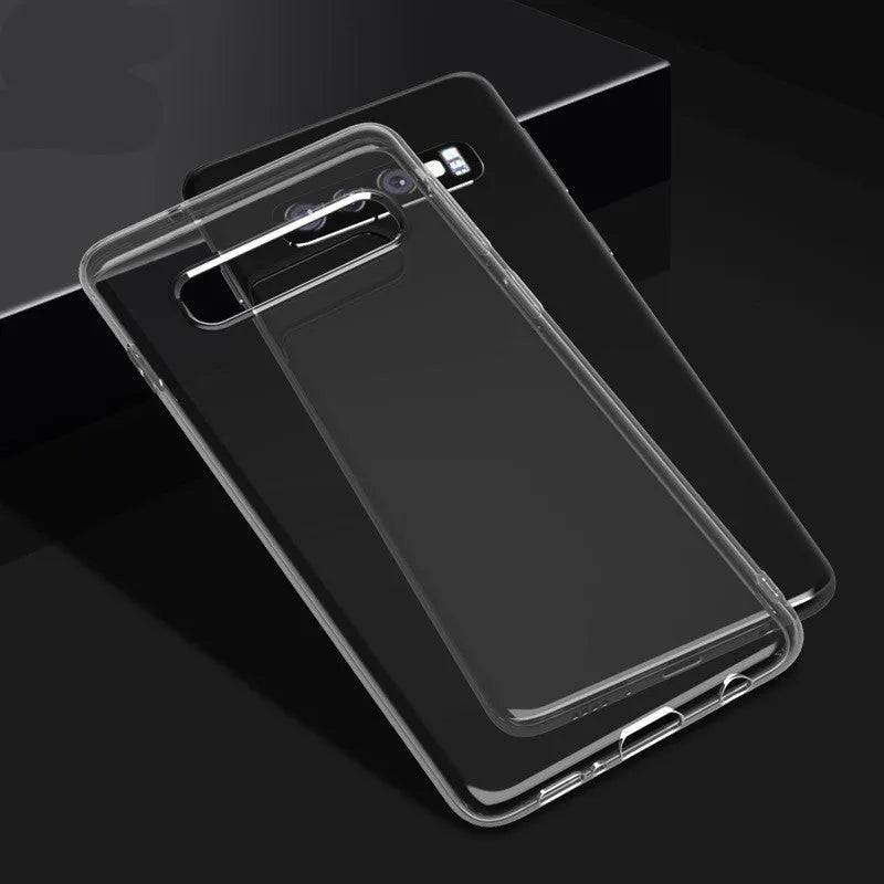Transparent TPU Samsung S10 phone case showing back cover design with camera and port cutouts