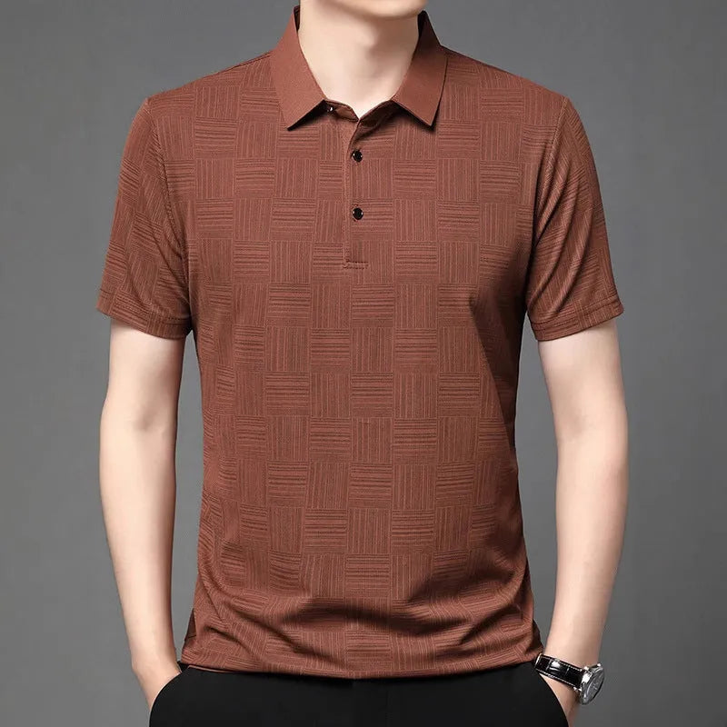 Men's slim fit lapel t-shirt on a hanger, showing the collar detail and available colour options.