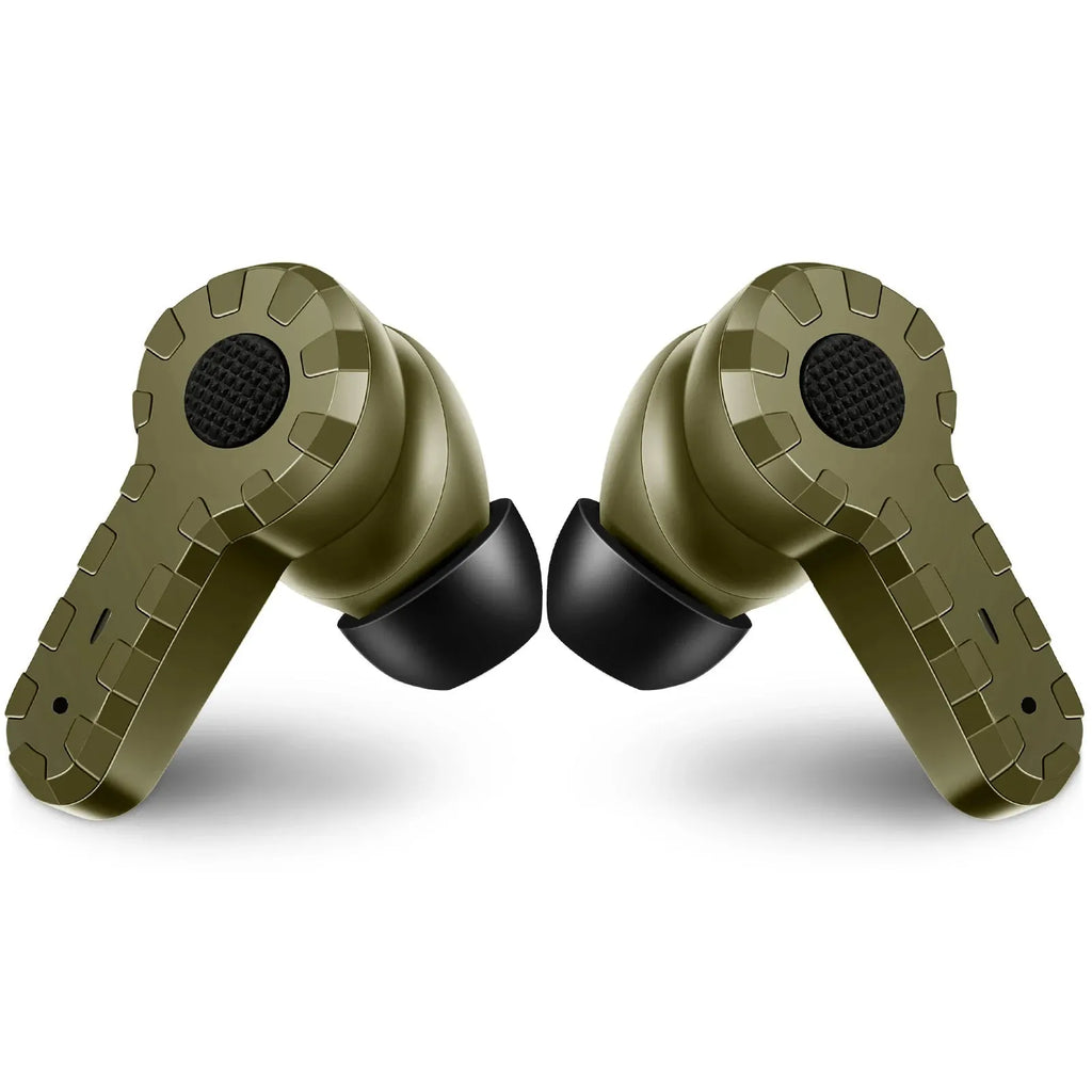 Tactical noise reduction earplugs in green, black, and mud colours with rechargeable pickup hearing for shooting and industrial use