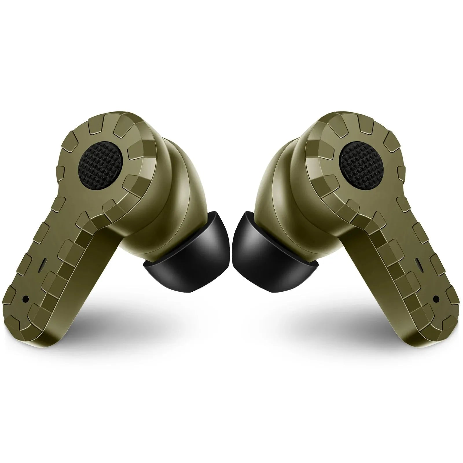 Tactical noise reduction earplugs in green, black, and mud colours with rechargeable pickup hearing for shooting and industrial use
