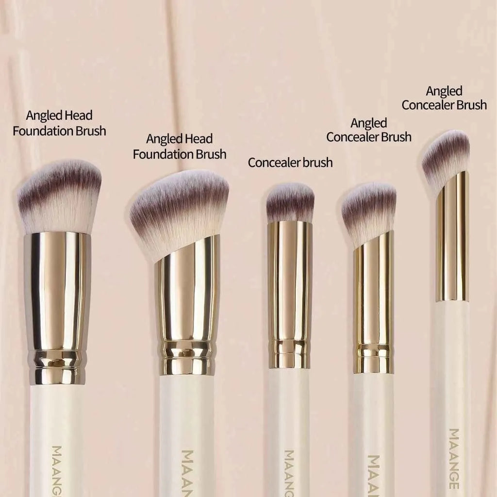 Apricot coloured MAANGE five-piece synthetic makeup brush set with angled blush brush.