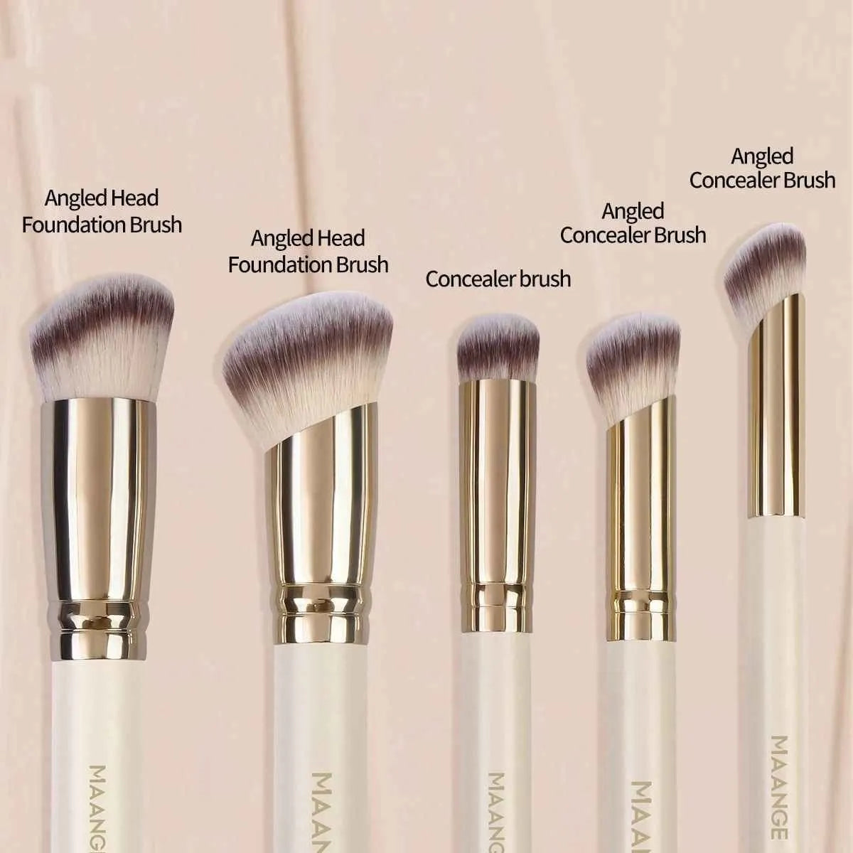 Apricot coloured MAANGE five-piece synthetic makeup brush set with angled blush brush.