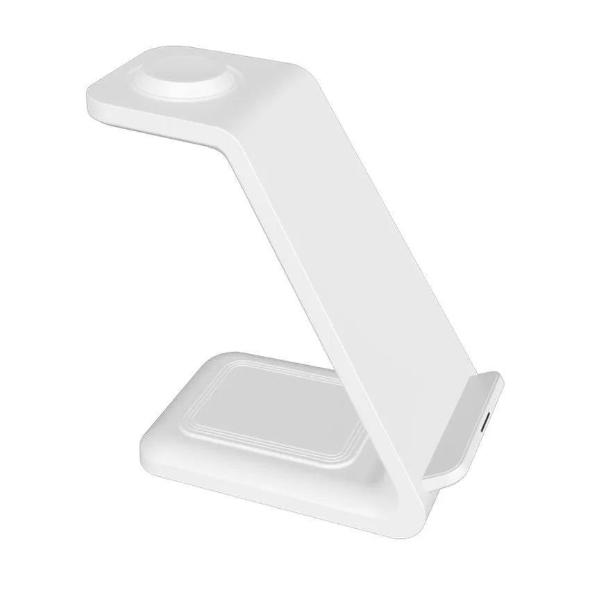 Black and white 3-in-1 upright wireless phone charger stand on a desk.