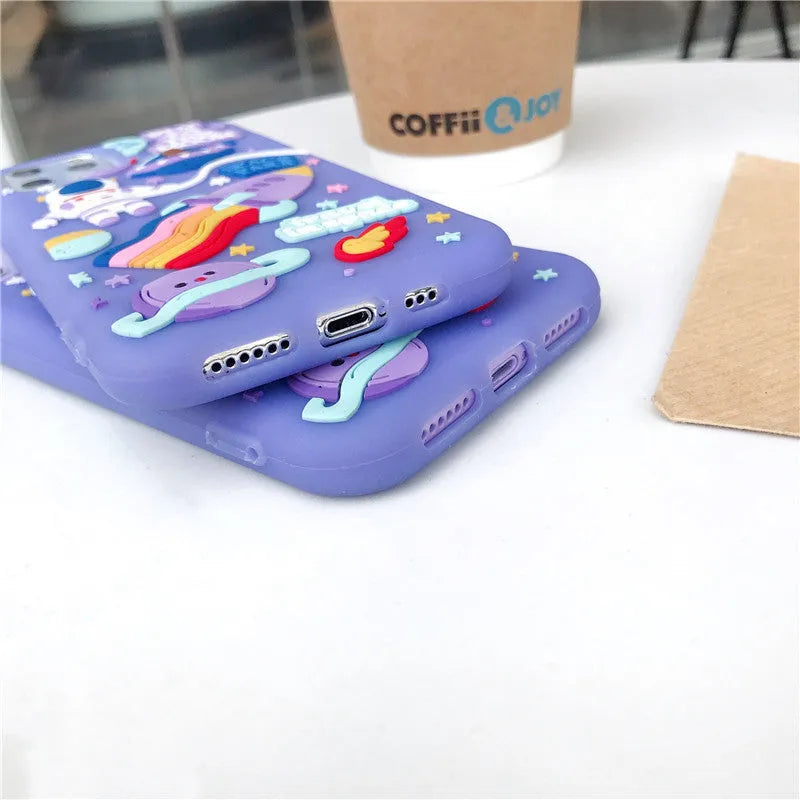 Purple silicone phone case with 3D astronaut and rocket design for Apple iPhone